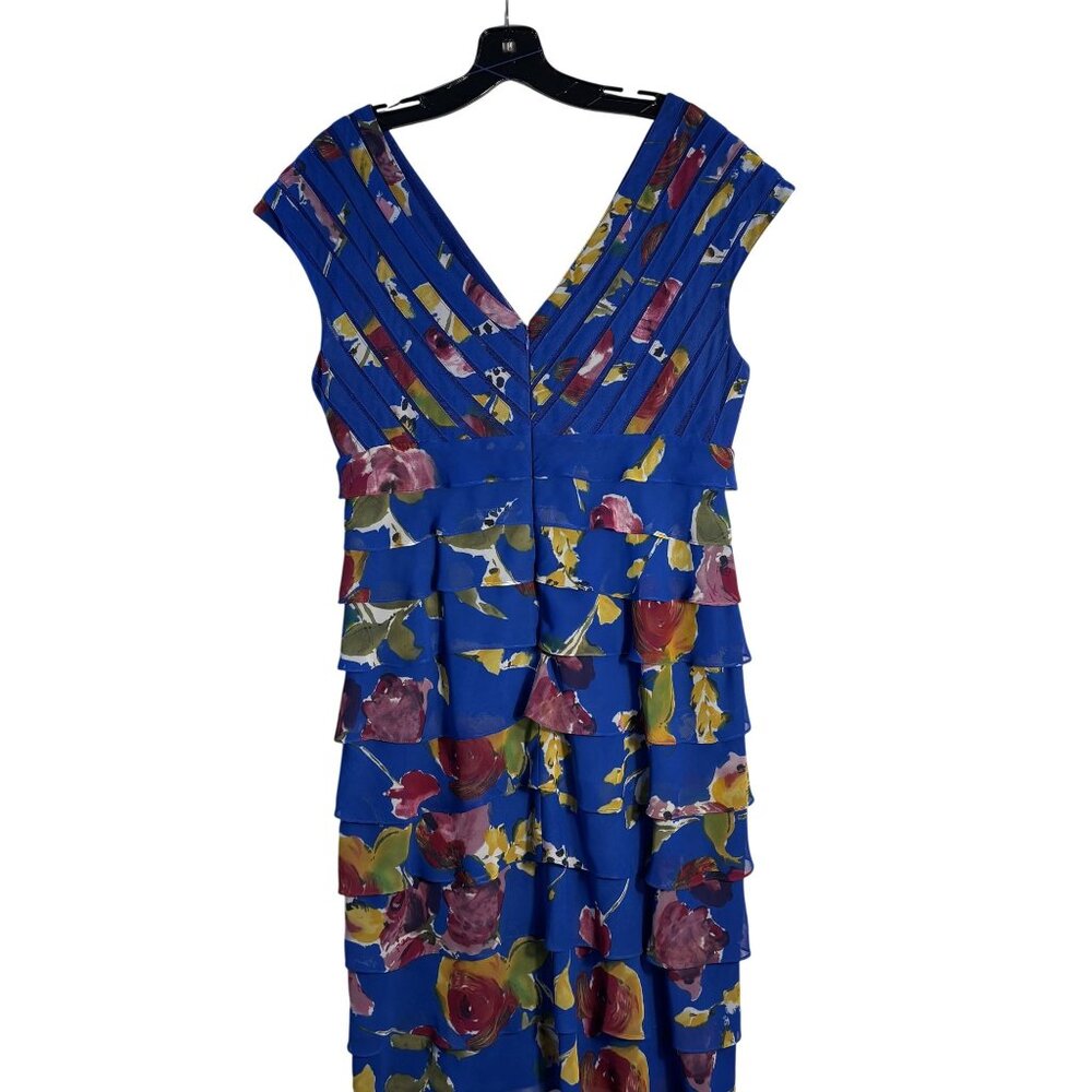Floral Tiered Blue Sleeveless V-Neck Dress, Ruffled Layers,  Multicolor Print - Picture 5 of 13